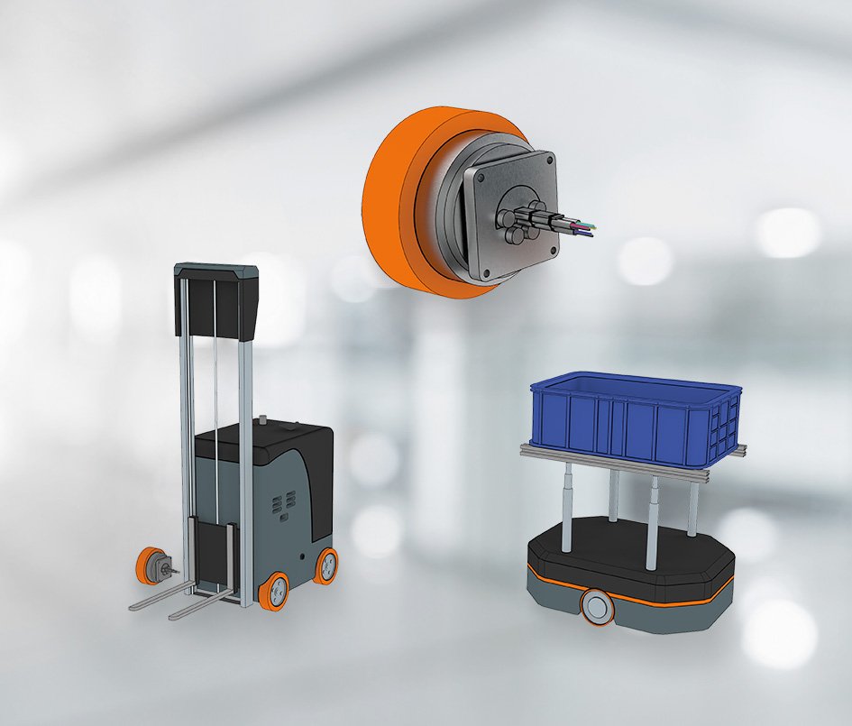 The new brushless DC wheel hub motors i-Wheel 3213 by Ketterer for use in Automated Guided Vehicles (AGV).